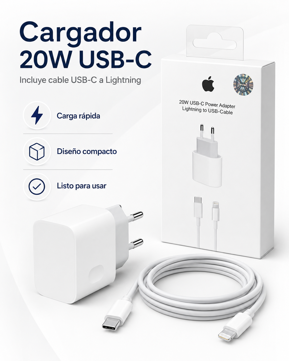 Cargador Rápido 20W USB-C para iPhone + Cable Lightning