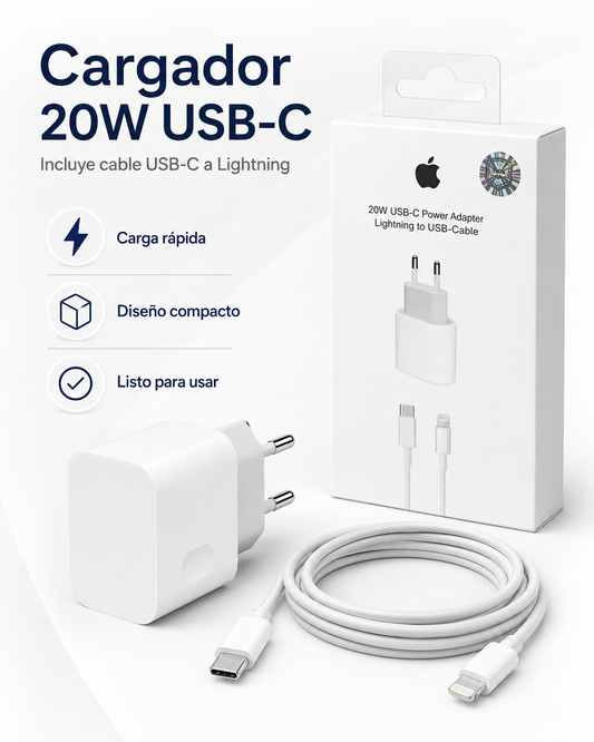 Cargador Rápido 20W USB-C para iPhone + Cable Lightning