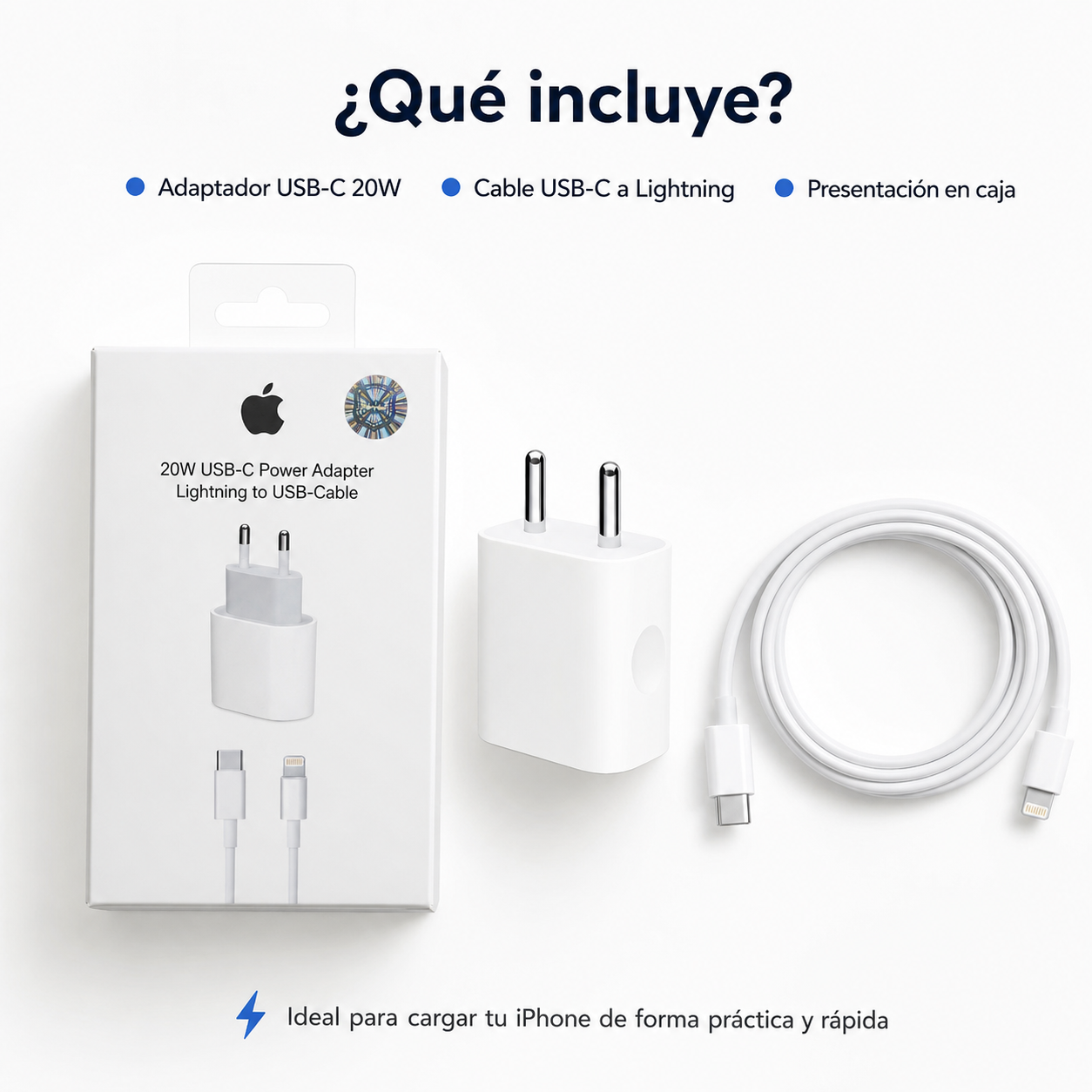 Cargador Rápido 20W USB-C para iPhone + Cable Lightning
