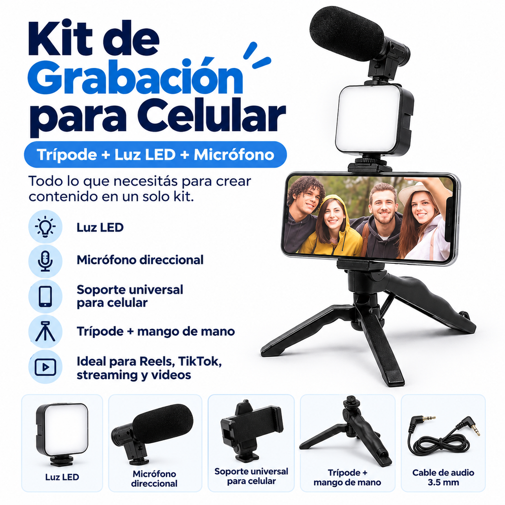 Kit de Grabación para Celular con Trípode, Luz LED y Micrófono