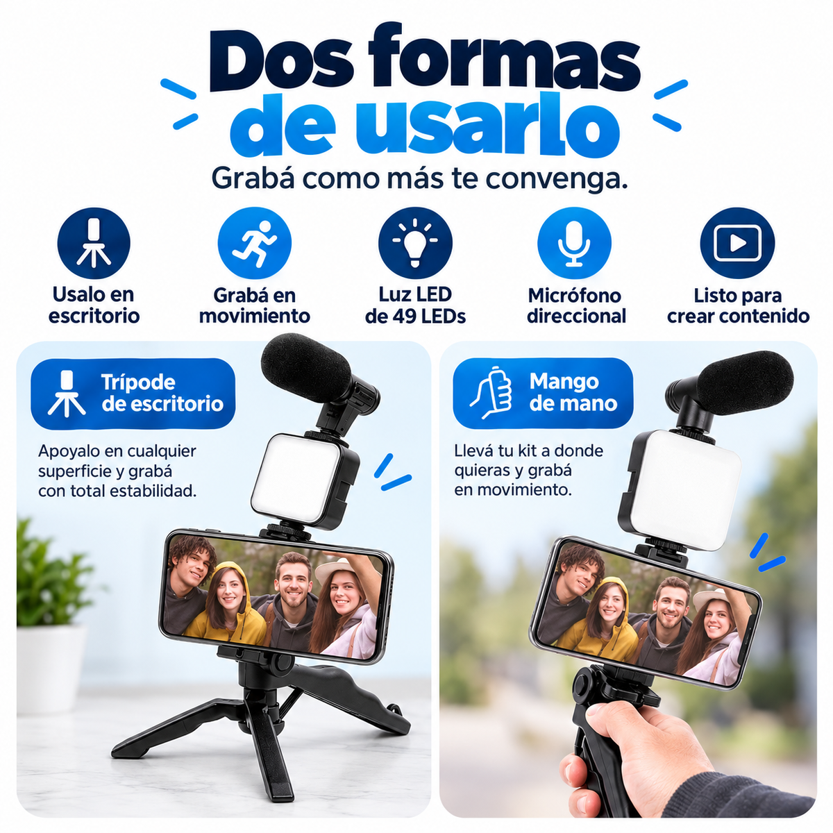 Kit de Grabación para Celular con Trípode, Luz LED y Micrófono