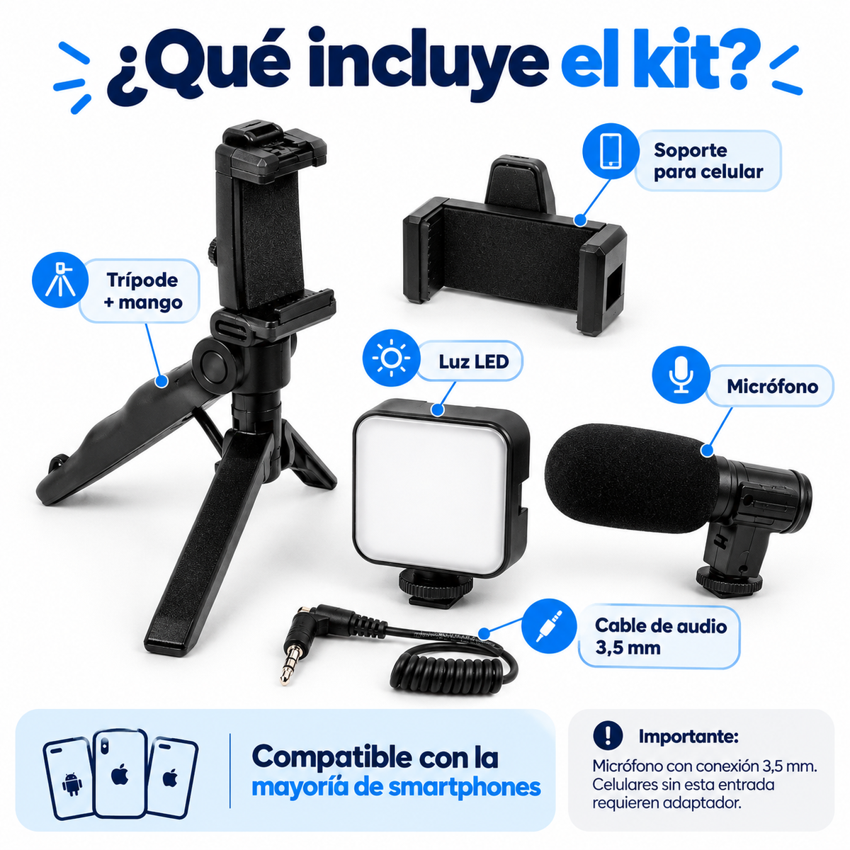 Kit de Grabación para Celular con Trípode, Luz LED y Micrófono